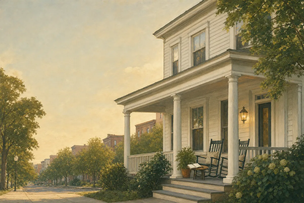 A white guest home with rocking chairs and an open guest book on the front porch