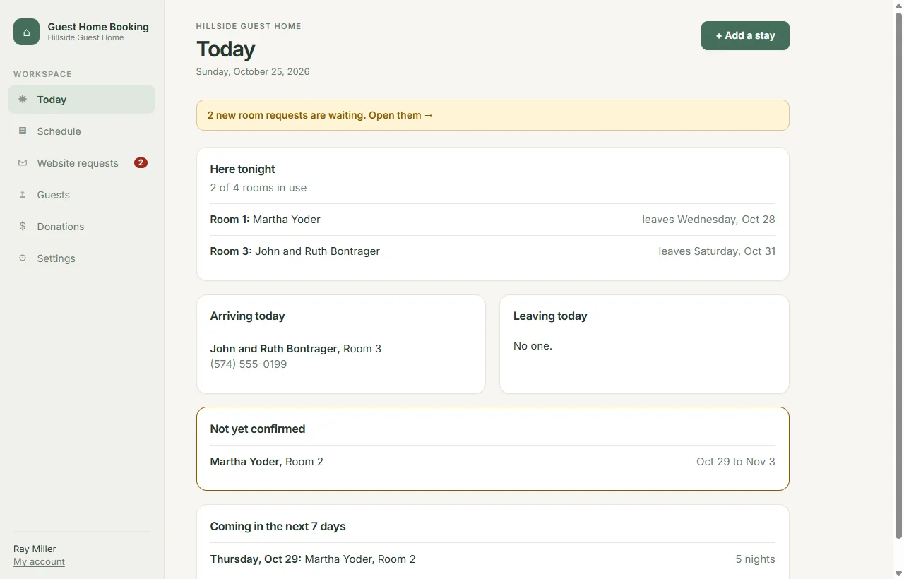 The Today page: rooms in use tonight, guests arriving and leaving, and new room requests waiting
